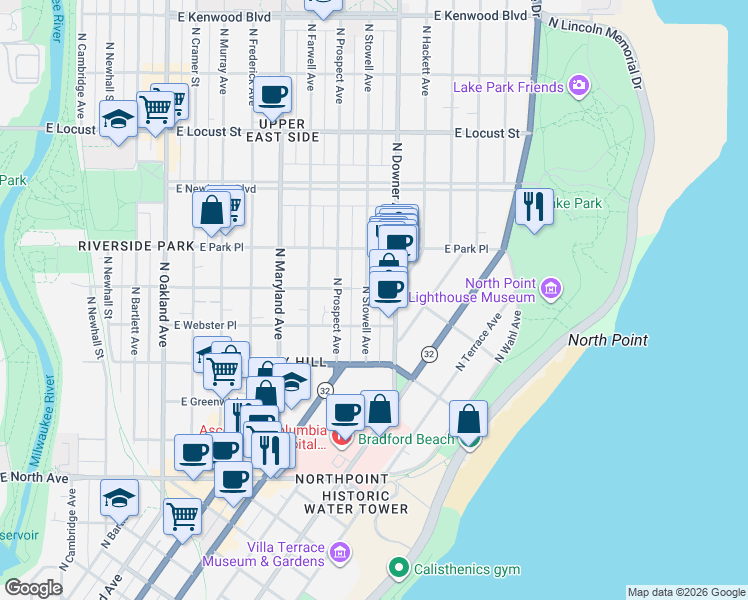 map of restaurants, bars, coffee shops, grocery stores, and more near 2502 East Webster Place in Milwaukee