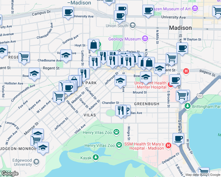 map of restaurants, bars, coffee shops, grocery stores, and more near 1544 Adams Street in Madison