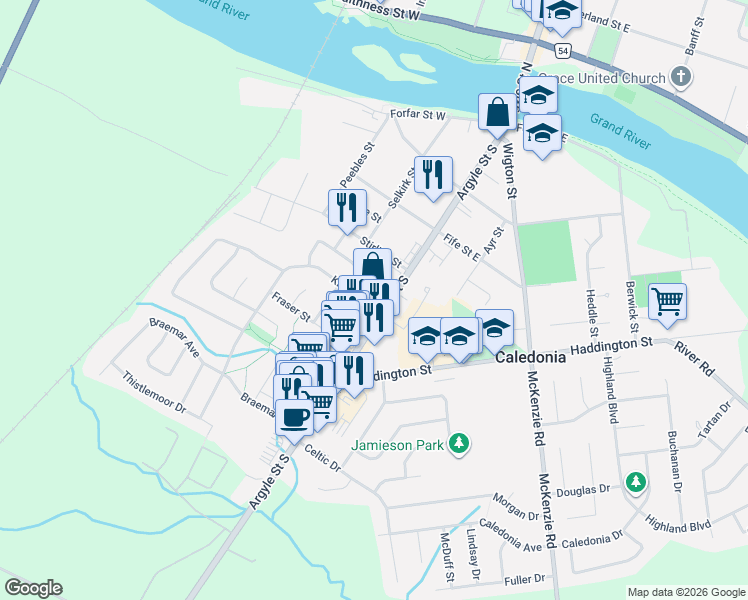 map of restaurants, bars, coffee shops, grocery stores, and more near 245 Argyle Street South in Caledonia