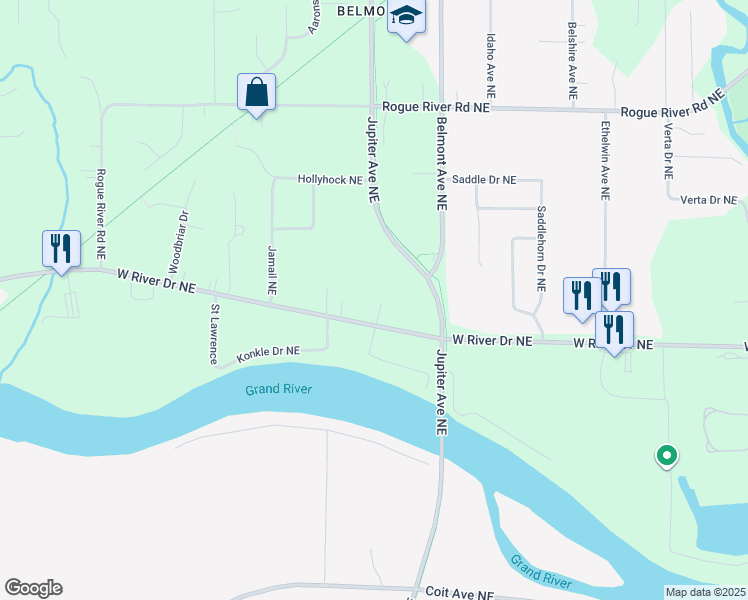 map of restaurants, bars, coffee shops, grocery stores, and more near 6011 West River Drive Northeast in Plainfield charter Township