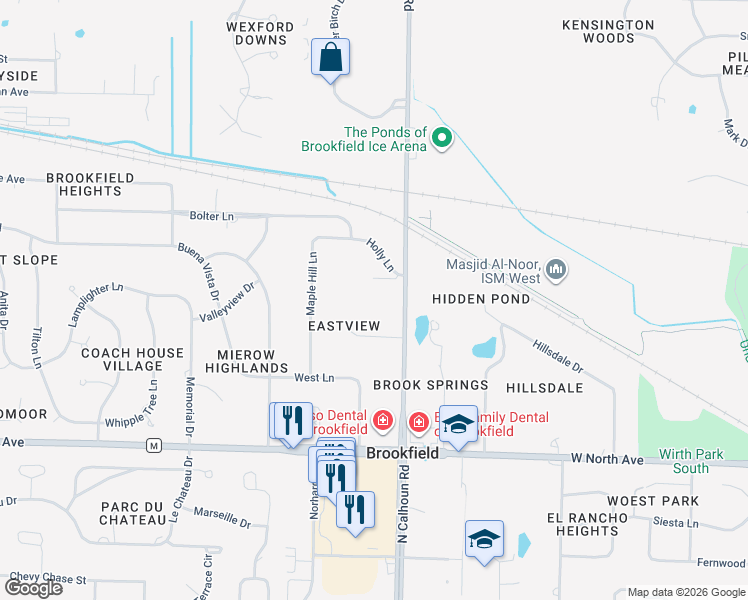 map of restaurants, bars, coffee shops, grocery stores, and more near 17350 Morningview Court in Brookfield