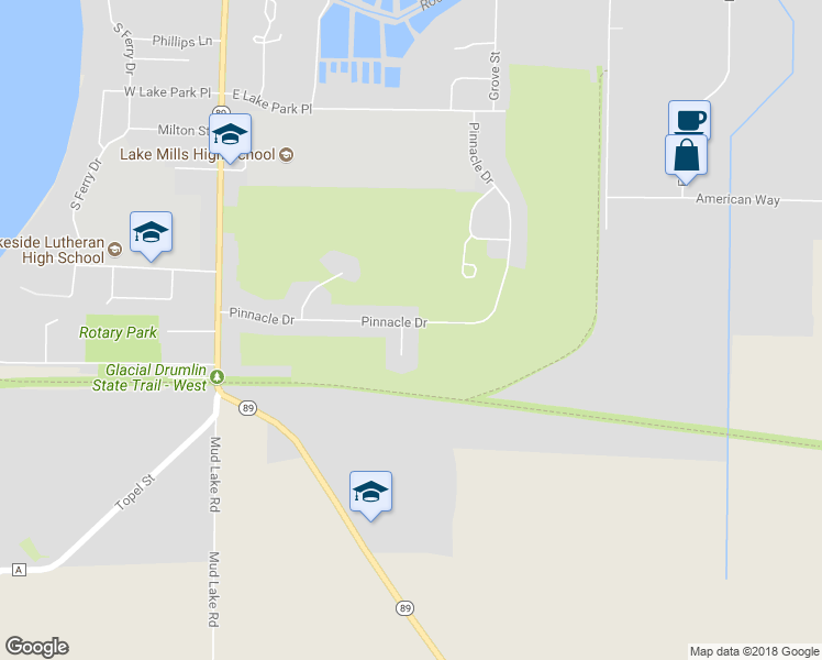 map of restaurants, bars, coffee shops, grocery stores, and more near 1100 Fairway Court in Lake Mills