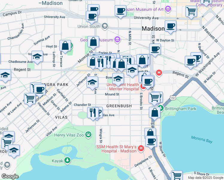 map of restaurants, bars, coffee shops, grocery stores, and more near 1221 Saint James Court in Madison