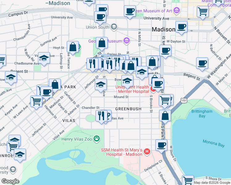 map of restaurants, bars, coffee shops, grocery stores, and more near 206 South Orchard Street in Madison
