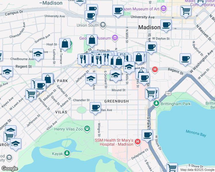 map of restaurants, bars, coffee shops, grocery stores, and more near 1229 Saint James Court in Madison