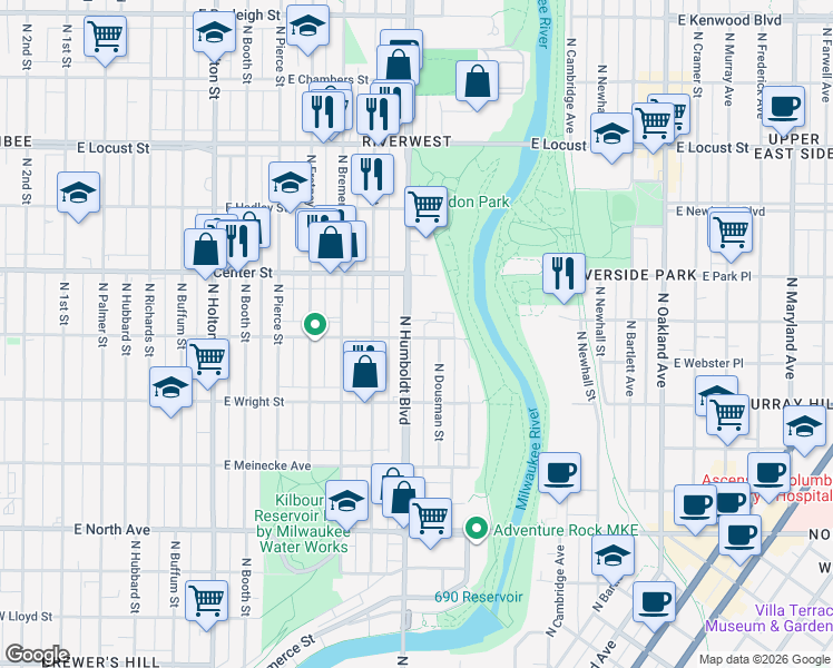 map of restaurants, bars, coffee shops, grocery stores, and more near 1106 East Clarke Street in Milwaukee
