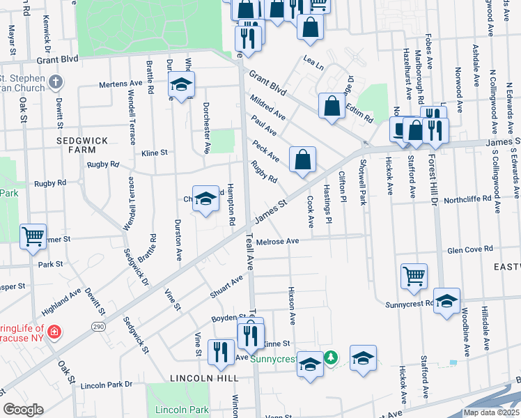 map of restaurants, bars, coffee shops, grocery stores, and more near 1340 Teall Avenue in Syracuse