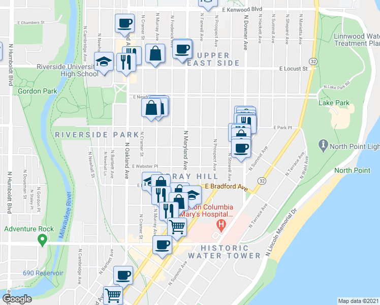 map of restaurants, bars, coffee shops, grocery stores, and more near 2205 East Belleview Place in Milwaukee