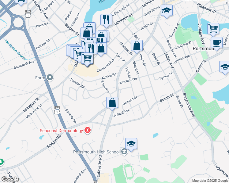map of restaurants, bars, coffee shops, grocery stores, and more near 35 Lawrence Street in Portsmouth