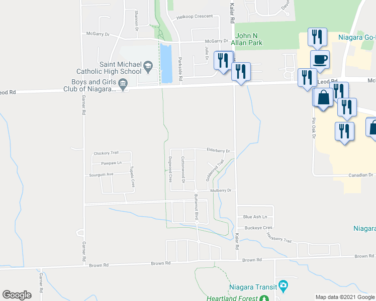 map of restaurants, bars, coffee shops, grocery stores, and more near 8483 Dogwood Crescent in Niagara Falls