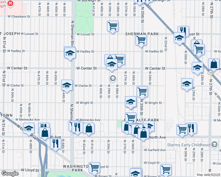 map of restaurants, bars, coffee shops, grocery stores, and more near 2570 North 39th Street in Milwaukee