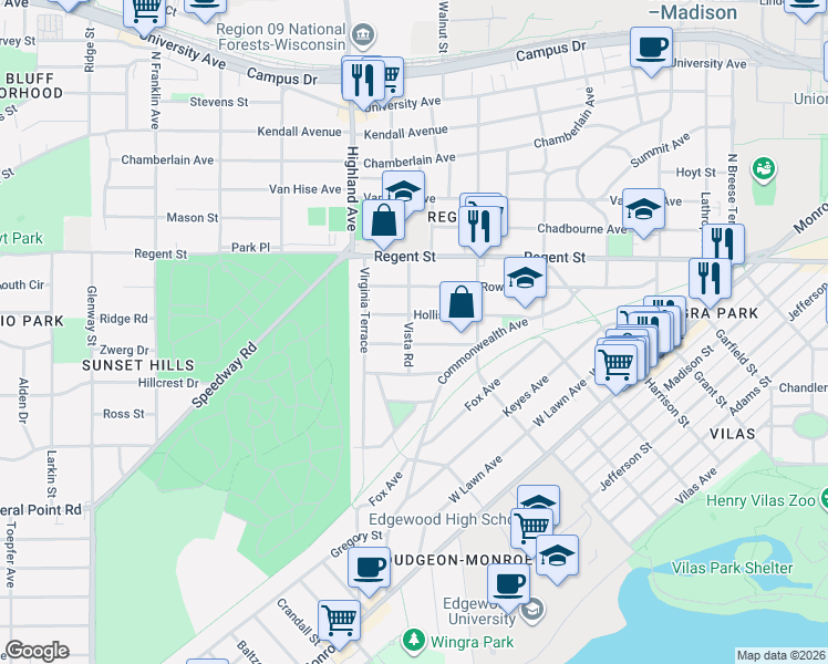 map of restaurants, bars, coffee shops, grocery stores, and more near 2230 Hollister Avenue in Madison