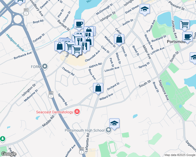 map of restaurants, bars, coffee shops, grocery stores, and more near 35 Lawrence Street in Portsmouth