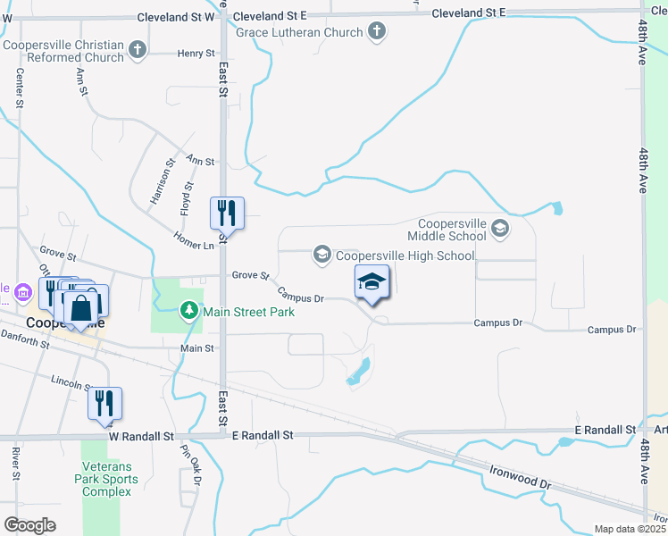 map of restaurants, bars, coffee shops, grocery stores, and more near 198 East Street in Coopersville