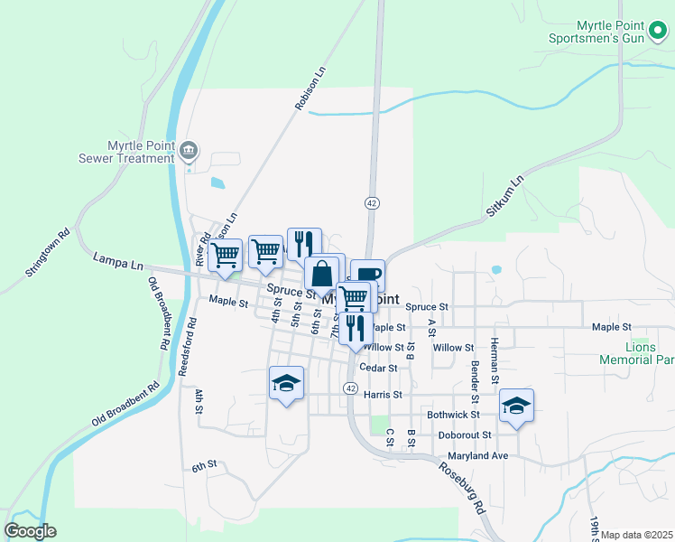 map of restaurants, bars, coffee shops, grocery stores, and more near 631 Alder Street in Myrtle Point