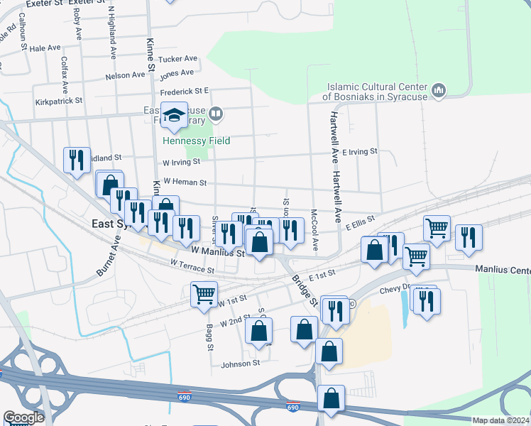 map of restaurants, bars, coffee shops, grocery stores, and more near 112 East Heman Street in East Syracuse