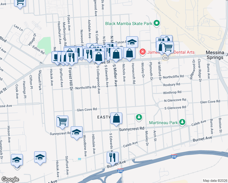 map of restaurants, bars, coffee shops, grocery stores, and more near 703 Northcliffe Road in Syracuse