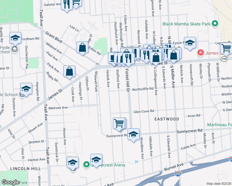 map of restaurants, bars, coffee shops, grocery stores, and more near 172 Stafford Avenue in Syracuse
