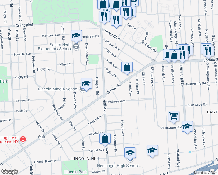 map of restaurants, bars, coffee shops, grocery stores, and more near 1340 Teall Avenue in Syracuse