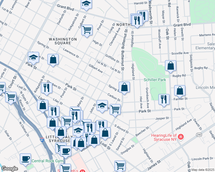 map of restaurants, bars, coffee shops, grocery stores, and more near 403 John Street in Syracuse