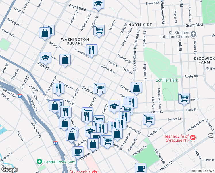 map of restaurants, bars, coffee shops, grocery stores, and more near 307 Spring Street in Syracuse