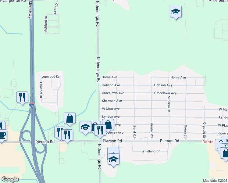 map of restaurants, bars, coffee shops, grocery stores, and more near 4217 O'Connor Road in Flint