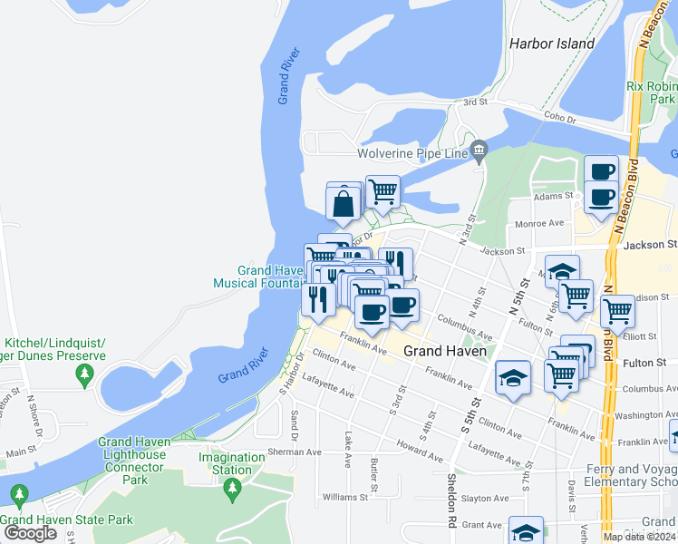 map of restaurants, bars, coffee shops, grocery stores, and more near 301 North Harbor Drive in Grand Haven