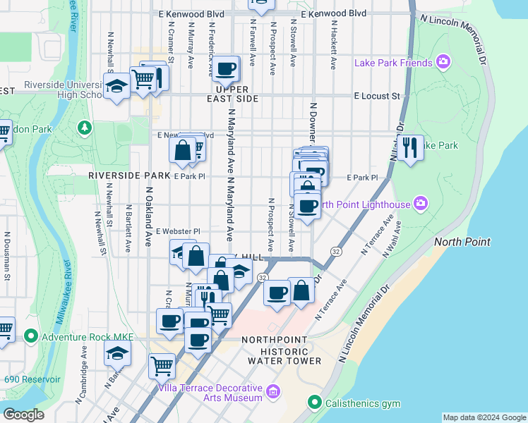 map of restaurants, bars, coffee shops, grocery stores, and more near 2614 North Prospect Avenue in Milwaukee