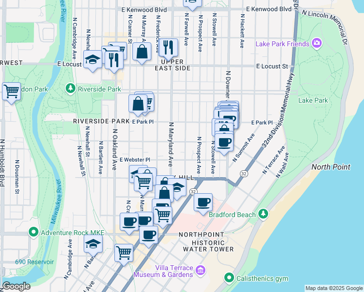 map of restaurants, bars, coffee shops, grocery stores, and more near 2617 North Farwell Avenue in Milwaukee