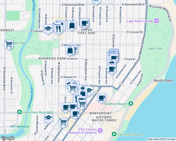 map of restaurants, bars, coffee shops, grocery stores, and more near 2617 North Farwell Avenue in Milwaukee