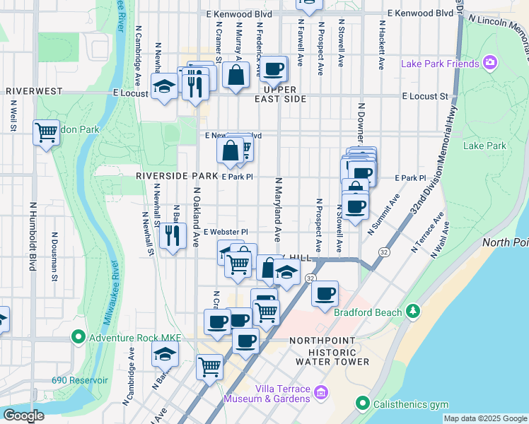 map of restaurants, bars, coffee shops, grocery stores, and more near 2615 North Maryland Avenue in Milwaukee
