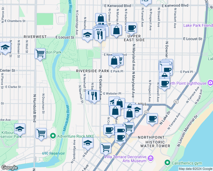 map of restaurants, bars, coffee shops, grocery stores, and more near 1904 East Belleview Place in Milwaukee