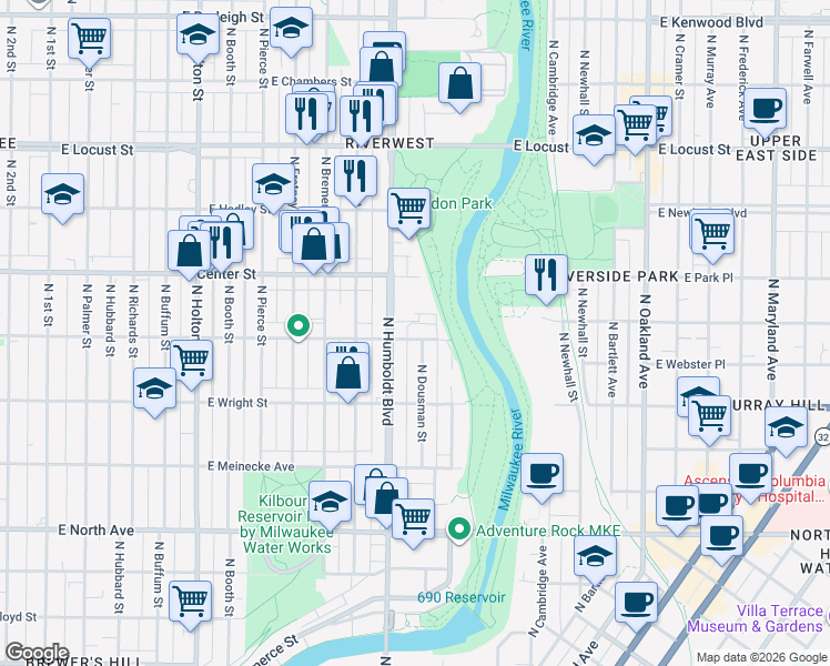 map of restaurants, bars, coffee shops, grocery stores, and more near 2650 North Humboldt Boulevard in Milwaukee