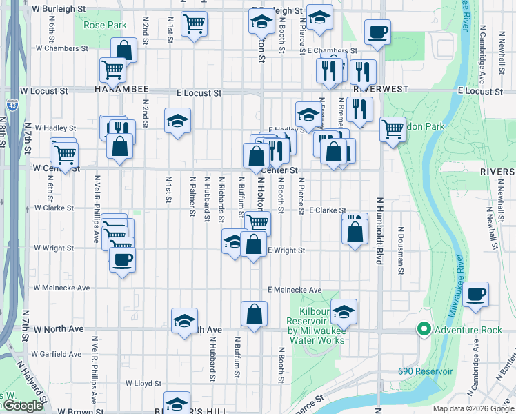 map of restaurants, bars, coffee shops, grocery stores, and more near 2630 North Buffum Street in Milwaukee
