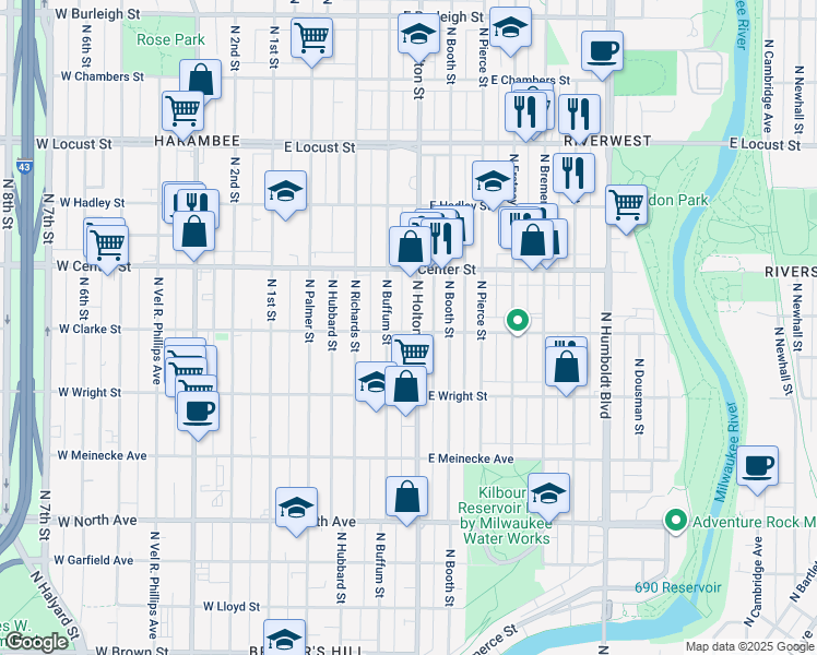 map of restaurants, bars, coffee shops, grocery stores, and more near 2630 North Buffum Street in Milwaukee