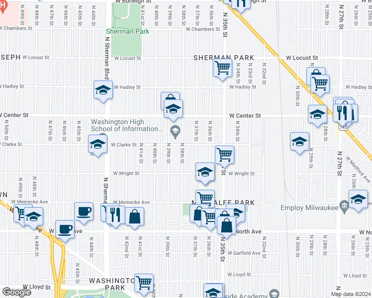 map of restaurants, bars, coffee shops, grocery stores, and more near 2617 North 37th Street in Milwaukee