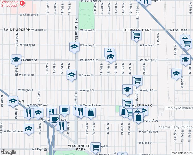 map of restaurants, bars, coffee shops, grocery stores, and more near 2614 North 41st Street in Milwaukee