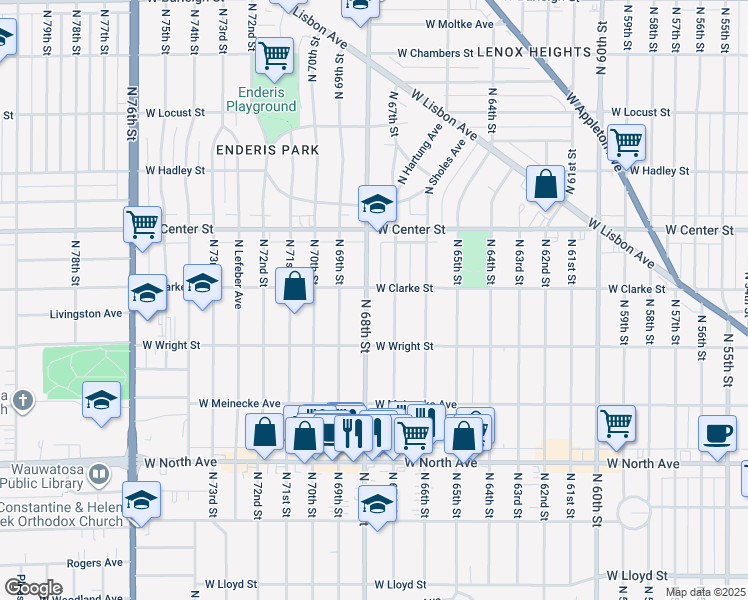 map of restaurants, bars, coffee shops, grocery stores, and more near 2609 North 68th Street in Wauwatosa