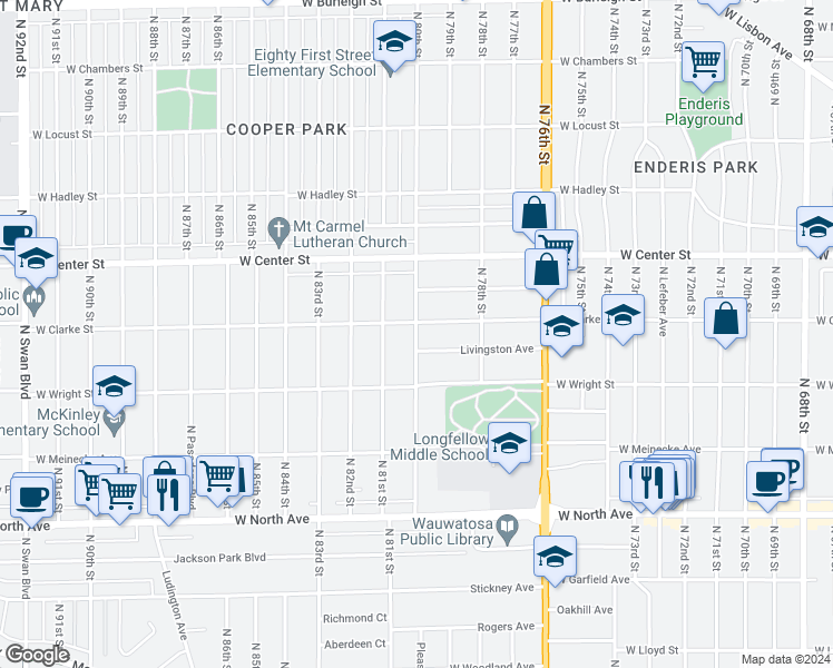 map of restaurants, bars, coffee shops, grocery stores, and more near 2609 North 80th Street in Wauwatosa