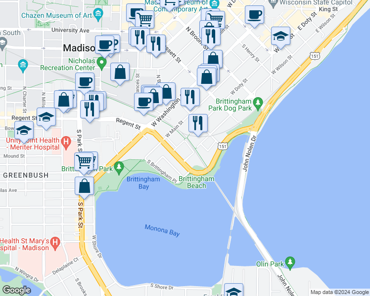 map of restaurants, bars, coffee shops, grocery stores, and more near 641 West Main Street in Madison