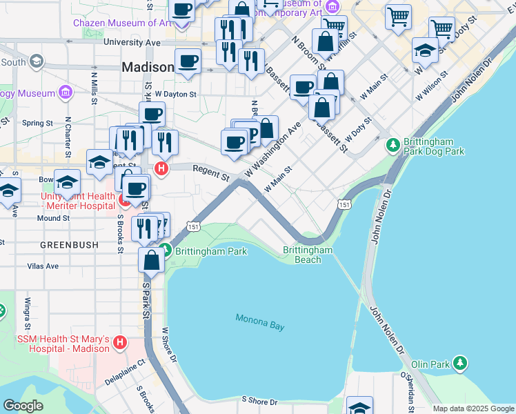 map of restaurants, bars, coffee shops, grocery stores, and more near in Madison