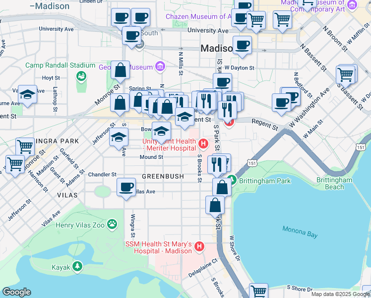 map of restaurants, bars, coffee shops, grocery stores, and more near 36 South Brooks Street in Madison