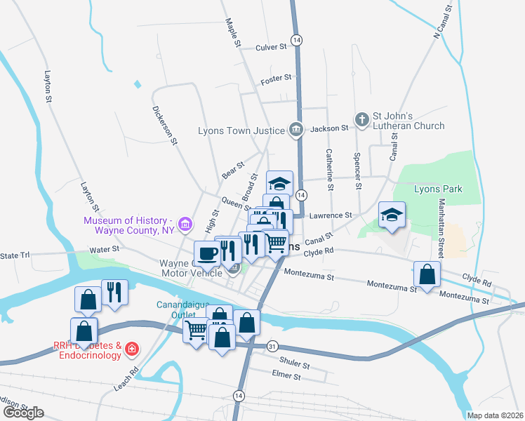 map of restaurants, bars, coffee shops, grocery stores, and more near 6 Queen Street in Lyons