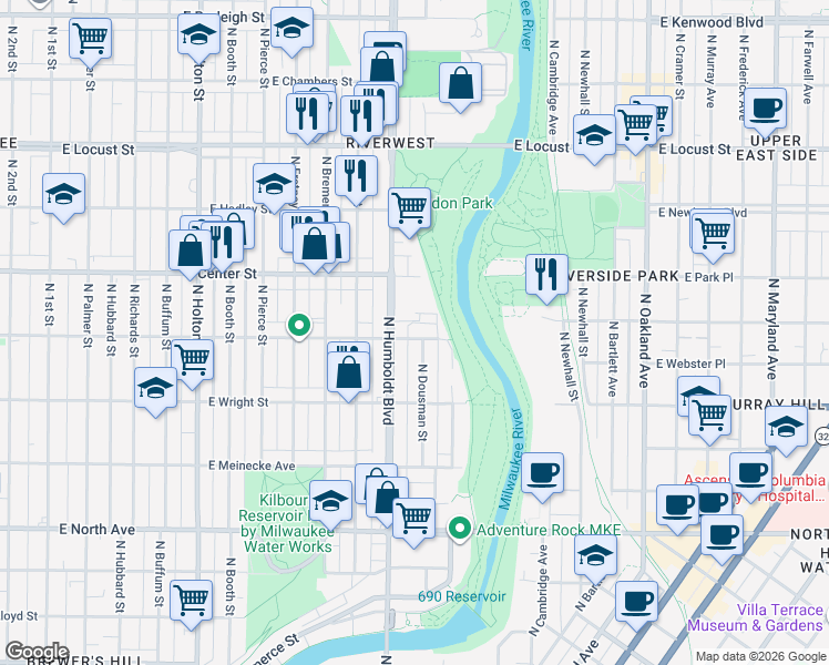 map of restaurants, bars, coffee shops, grocery stores, and more near 2650 North Humboldt Boulevard in Milwaukee