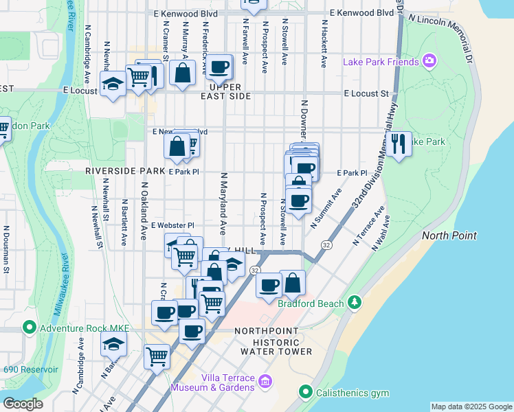 map of restaurants, bars, coffee shops, grocery stores, and more near 2614 North Prospect Avenue in Milwaukee
