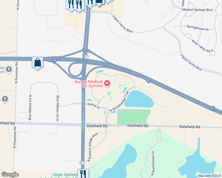 map of restaurants, bars, coffee shops, grocery stores, and more near 36500 Aurora Drive in Oconomowoc