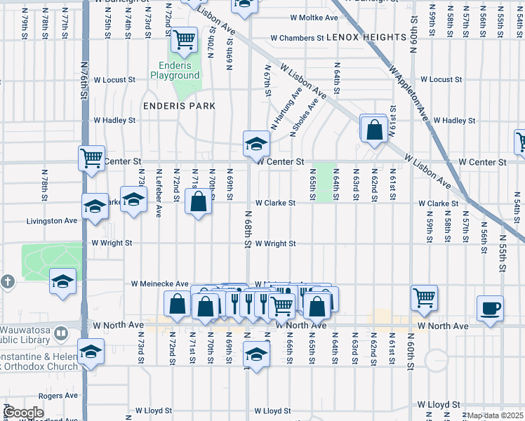 map of restaurants, bars, coffee shops, grocery stores, and more near 2608 North 67th Street in Wauwatosa