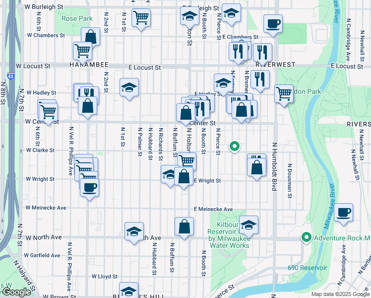 map of restaurants, bars, coffee shops, grocery stores, and more near 2630 North Buffum Street in Milwaukee