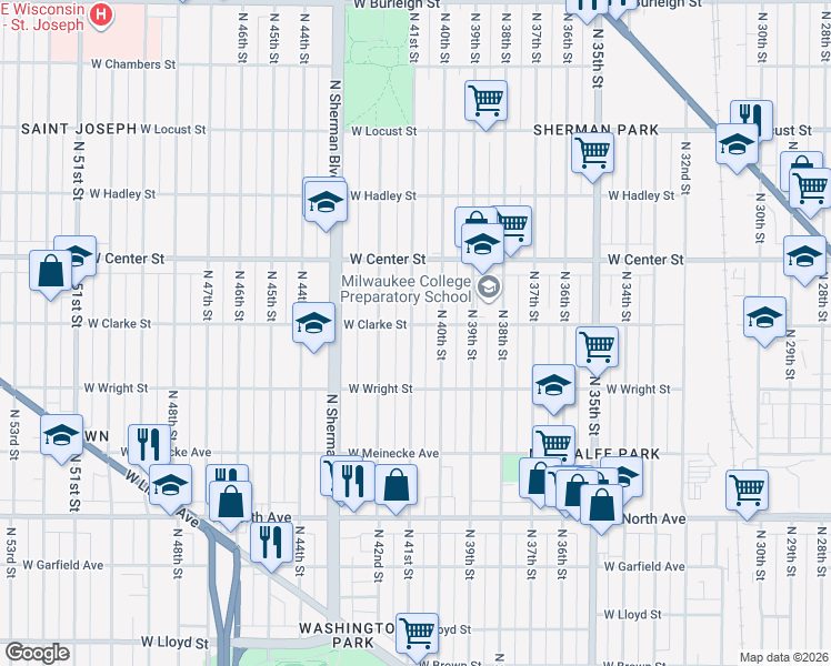 map of restaurants, bars, coffee shops, grocery stores, and more near 2614 North 41st Street in Milwaukee