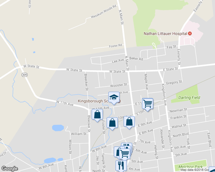 map of restaurants, bars, coffee shops, grocery stores, and more near 29A State Circle in Gloversville